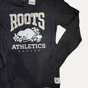 Roots Black Long Sleeve Shirt with Gold and White Lettering NWT